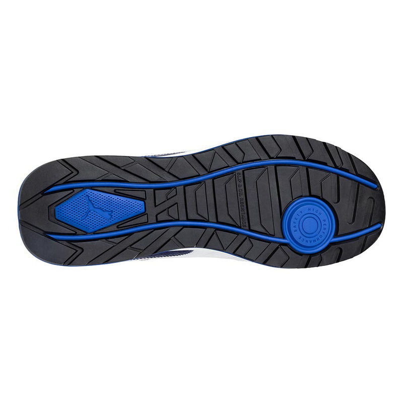 Load image into Gallery viewer, Puma Airtwist Safety Shoe, Blue/White, features a black rubber outsole with blue accents, including a safety performance heel insert and Puma logo on the forefoot, designed for optimal safety and comfort.
