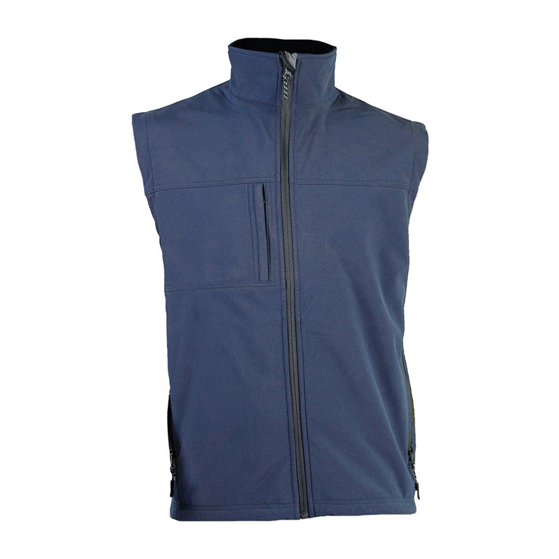 Load image into Gallery viewer, Result Adults Classic Softshell Vest features a navy-blue sleeveless design with a high collar, full-length zipper, zippered chest and hand pockets, emphasizing functional style for safety and workwear environments.
