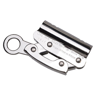 LINQ Rope Grab 11-16mm, a silver metal tool with a precise hole design, ideal for safety on 11-16mm ropes. Perfect for height safety, meeting AS/NZS 1891.3 Type 1 standards.