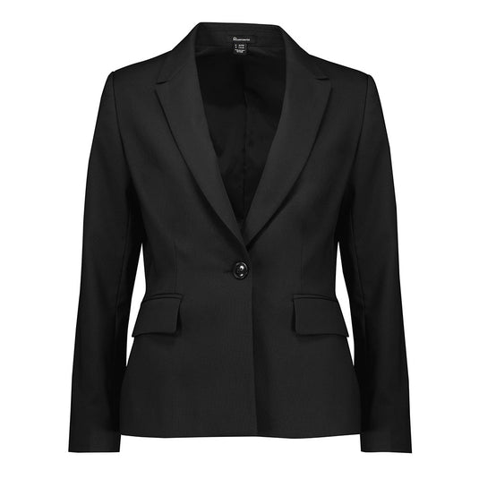 Biz Womens Renew Single Button Mid Length Jacket, featuring notched lapels, flap pockets, and waist darts for a tailored fit, crafted from easy-care, recycled fabric ideal for versatile, professional wear.