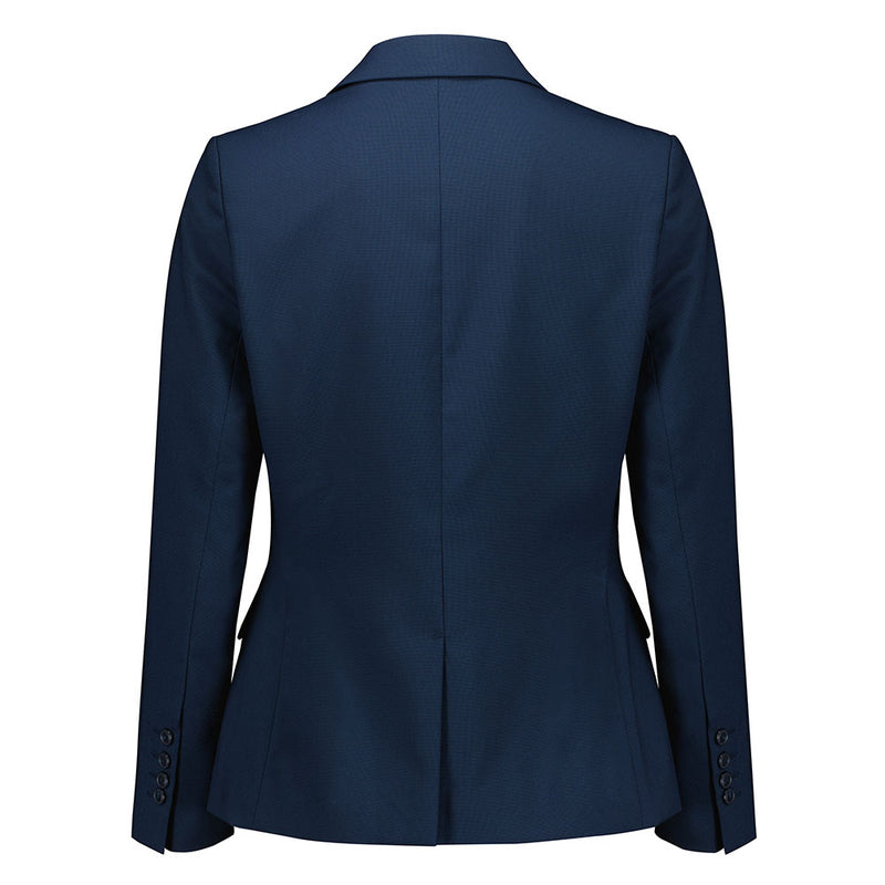 Load image into Gallery viewer, Biz Womens Renew Single Button Mid Length Jacket showcases a back view of a tailored navy blazer with a center seam, double vent, and four-button detailed cuffs, ideal for versatile, easy-care wear.
