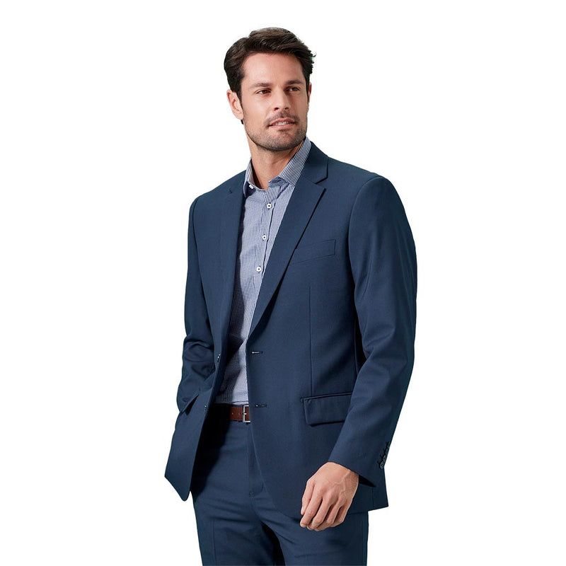 Load image into Gallery viewer, Biz Mens Renew City Fit Jacket on a male model, showcasing a versatile, tailored design with a modern silhouette. Features include two-button closure, functional pockets, and lightweight, easy-care fabric, perfect for professional settings.
