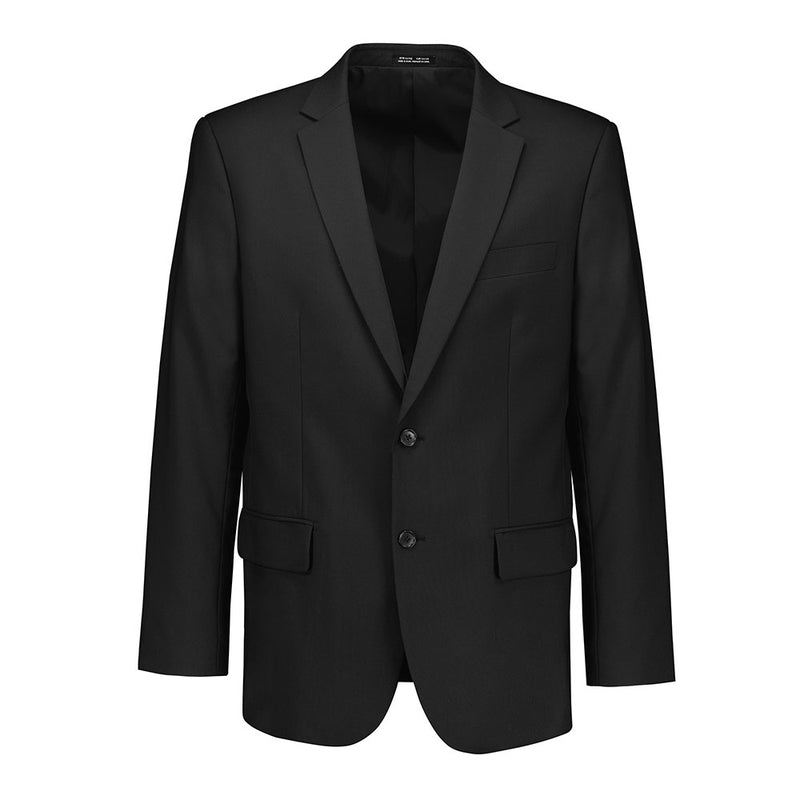 Load image into Gallery viewer, Biz Mens Renew City Fit Jacket: A classic black blazer with notch lapels, two front flap pockets, a welt chest pocket, and two-button closure, designed for versatility and ease in active, professional settings.
