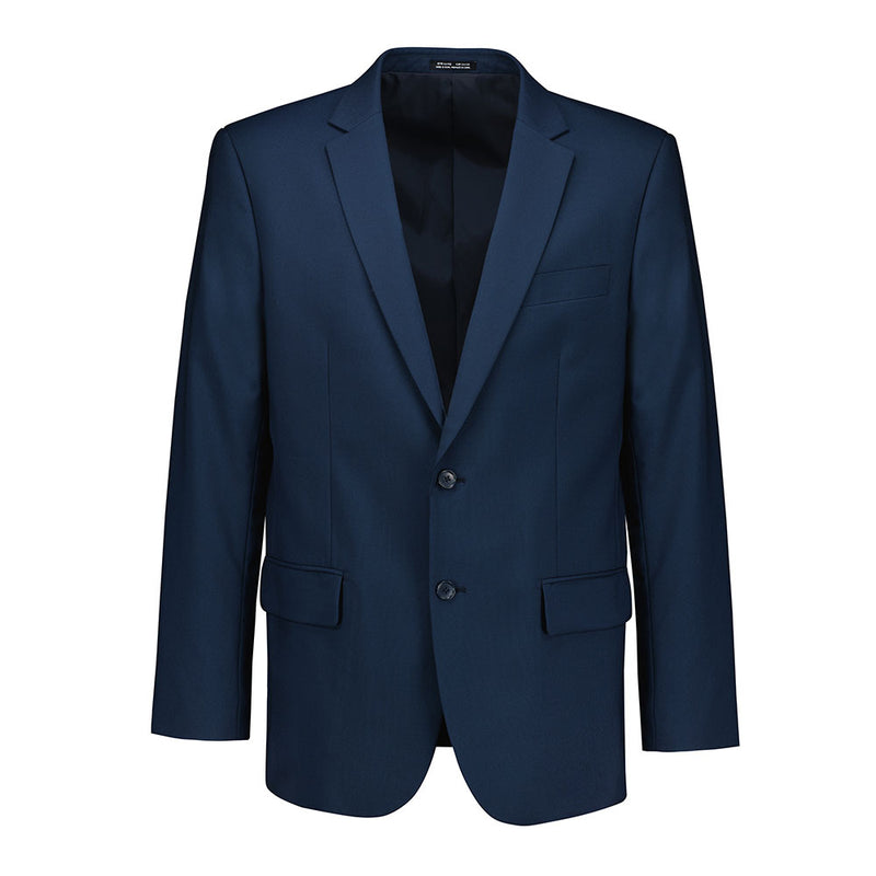 Load image into Gallery viewer, Biz Mens Renew City Fit Jacket: A dark navy two-button blazer with notch lapel, front flap pockets, and a chest welt pocket, featuring a modern silhouette, fully lined for versatility and ease of wear.
