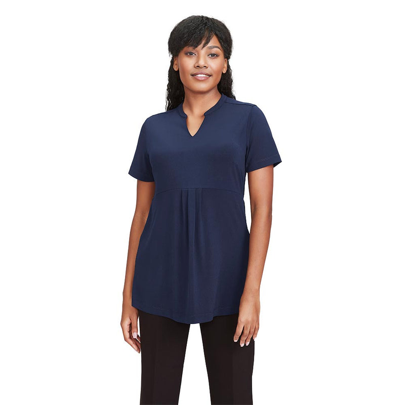 Load image into Gallery viewer, Biz Womens Mali Stretch Tunic T-Top, designed for comfort and versatility, features pleated front and gathered back. Ideal for maternity wear, offering extra coverage with longer hemline and stretchable jersey knit.
