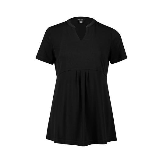 Biz Womens Mali Stretch Tunic T-Top, a relaxed-fit maternity style with short sleeves, empire waist, and a V-notch neckline. Features pleated front, gathered back, and longer hem for coverage and comfort.