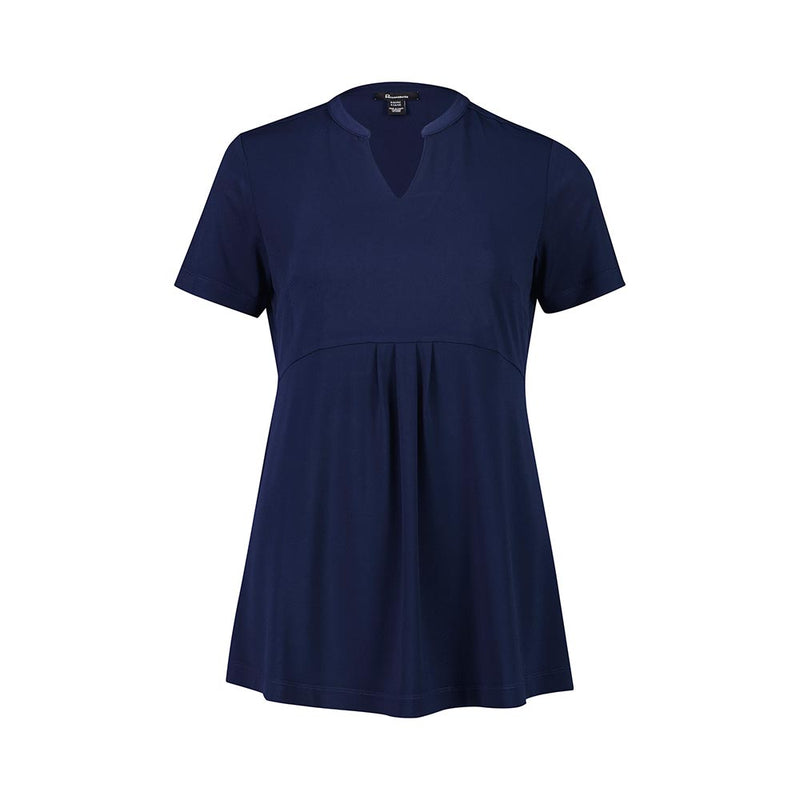 Load image into Gallery viewer, Biz Womens Mali Stretch Tunic T-Top, featuring a V-notch neckline and empire waist, offers a flowing fit with pleated front and gathered back, ideal for maternity or regular wear, emphasizing comfort and durability.
