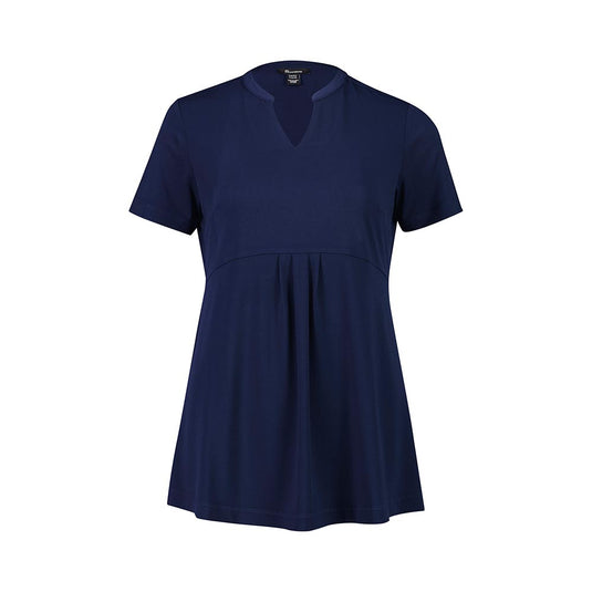 Biz Womens Mali Stretch Tunic T-Top, featuring a V-notch neckline and empire waist, offers a flowing fit with pleated front and gathered back, ideal for maternity or regular wear, emphasizing comfort and durability.