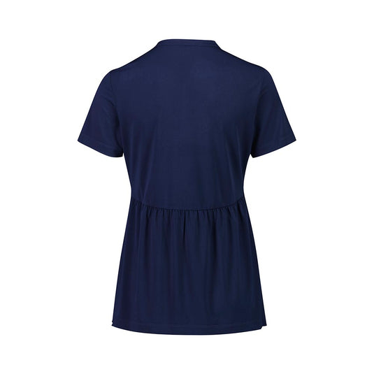 Biz Womens Mali Stretch Tunic T-Top, viewed from the back, showcases an empire waist and gently flared lower section, ideal for maternity, with its soft jersey knit ensuring comfort and durability.