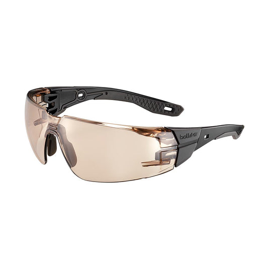 Bolle Rush+ 2.0 Black/Grey Frame Safety Glasses: Copper Lens features an amber-tinted single-piece lens with black adjustable temples, offering ergonomic comfort and optimal vision, ideal for demanding work environments.