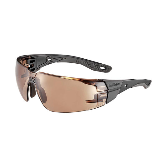 Bolle Rush+ 2.0 Black/Grey Frame Safety Glasses: Bronze Lens feature wraparound amber-tinted lenses with black temples. Designed for harsh environments, they offer ergonomic comfort, eco-friendly materials, and enhanced vision with anti-fog protection.