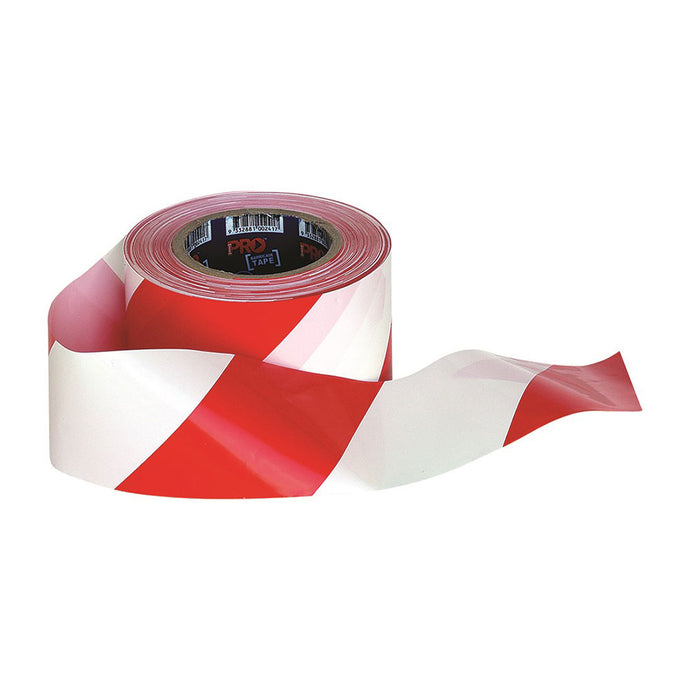Pro Barricade Tape Red/White: 100m roll, heavy-duty plastic, ideal for marking off unsafe areas, ensuring safety awareness at construction sites or events. 75 mm width offers clear visibility.