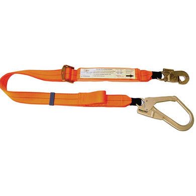 QSI Adjustable Lanyard W/ Scaffold Hook 2M, featuring a close-up of its adjustable, shock-absorbing strap with a scaffolding hook and double action hook, ideal for workplace safety and height protection.