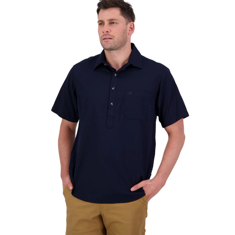 Load image into Gallery viewer, Swanndri Mens Paihia V2 Short Sleeve Shirt; close-up highlights its lightweight, breathable 100% cotton fabric, half placket button closure, generous chest pocket, relaxed fit, and detailed Swanndri embroidery, ideal for summer wear.

