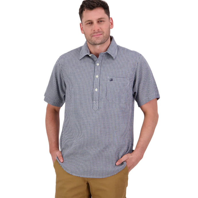 Swanndri Mens Paihia V2 Short Sleeve Shirt, a lightweight, breathable checkered shirt with relaxed fit and generous chest pocket, ideal for summer wear, featuring back pleats and half placket button closure.