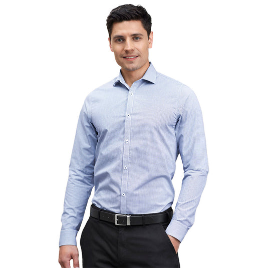 Close-up of the Biz Mens Bristol Tailored Long Sleeve Shirt in White/Navy, highlighting the fabric's grid check pattern and sophisticated collar. Ideal for business attire, showcasing easy-care, stretch cotton comfort.