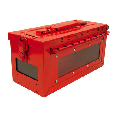 Master Lock Group Lock Box W/ Window (30 Lock Capacity) features a red rectangular design with a hinged lid, folding carry handle, clear window, and numbered indexing holes, ideal for secure storage and visibility.