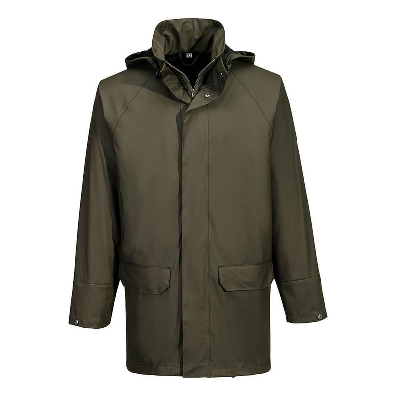 Load image into Gallery viewer, Flexatex Chem Waterproof Jacket, an olive-green parka with a hood, zip-and-snap front, dual storm flaps, two hip flap pockets, and adjustable cuffs, designed for durability and chemical resistance.
