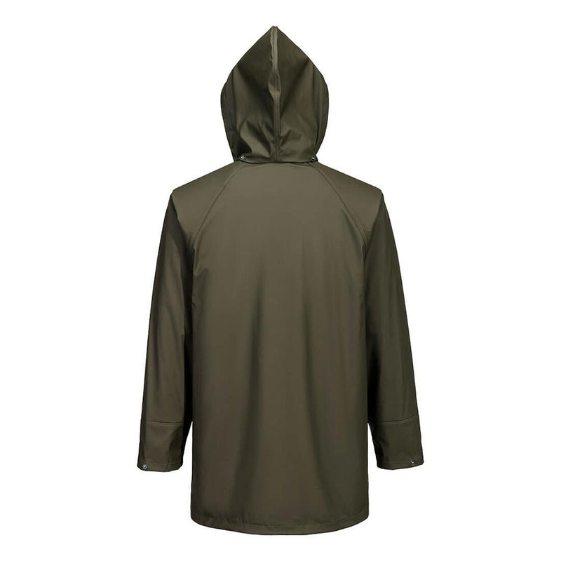 Load image into Gallery viewer, Back view of the Flexatex Chem Waterproof Jacket, showcasing its durable olive-green hooded design with heat welded seams, dual storm flap, and adjustable features for secure, protective wear.
