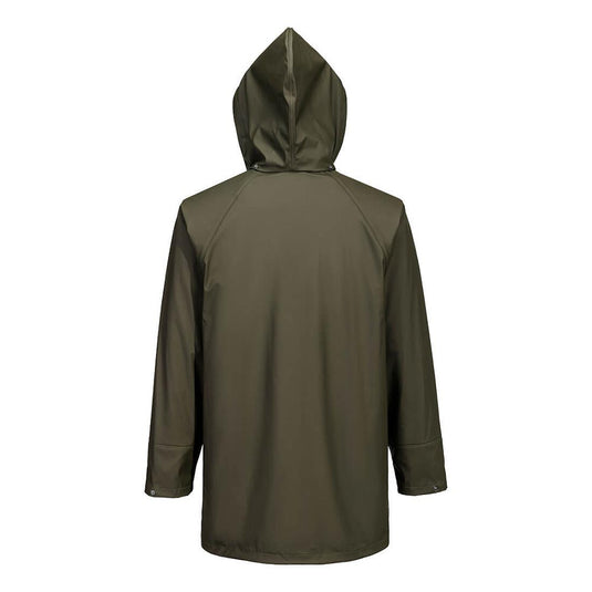 Back view of the Flexatex Chem Waterproof Jacket, showcasing its durable olive-green hooded design with heat welded seams, dual storm flap, and adjustable features for secure, protective wear.