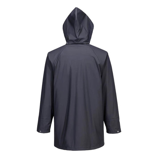 Flexatex Chem Waterproof Jacket, shown from the back, features a hood, long sleeves with snap-closure cuffs, and a simple design, ideal for safety-focused environments requiring durable, chemical-resistant rain protection.