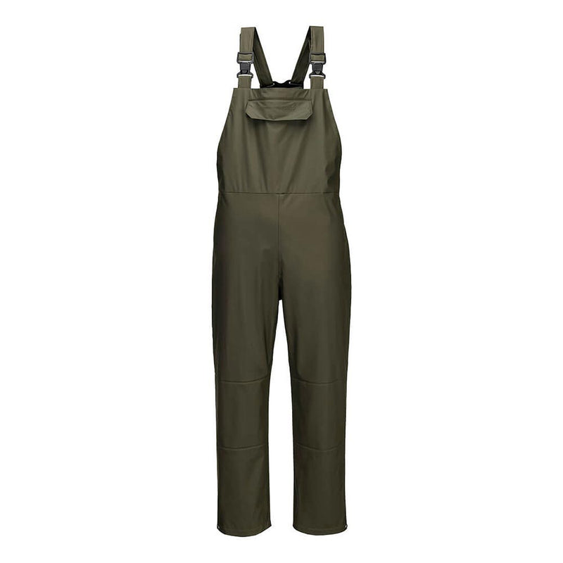 Load image into Gallery viewer, The Flexatex Chem Bib and Brace are olive-green overalls featuring adjustable shoulder straps, a high front panel with a pocket, and reinforced knees, made from waterproof, antifungal, tear-resistant fabric.
