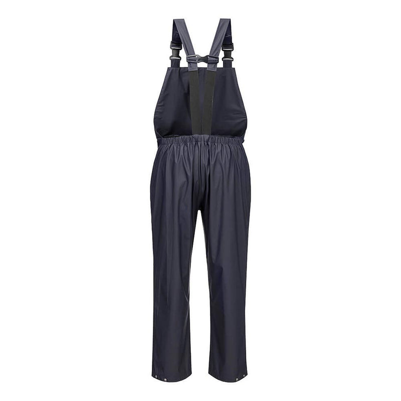Load image into Gallery viewer, Flexatex Chem Bib and Brace, navy-blue waterproof bib trousers, feature adjustable shoulder suspenders, heat-welded seams, elasticated straps, and a secure pocket, offering durability and protection in safety and work environments.

