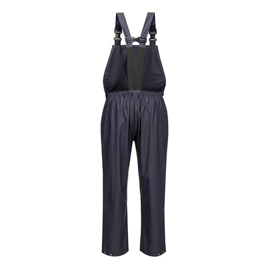 Flexatex Chem Bib and Brace, navy-blue waterproof bib trousers, feature adjustable shoulder suspenders, heat-welded seams, elasticated straps, and a secure pocket, offering durability and protection in safety and work environments.