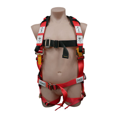QSI Full Body Painters Harness on a mannequin, showcasing red webbing with adjustable buckles at chest, waist, shoulders, and legs, featuring dorsal D-ring and sternal attachment loops for fall protection.