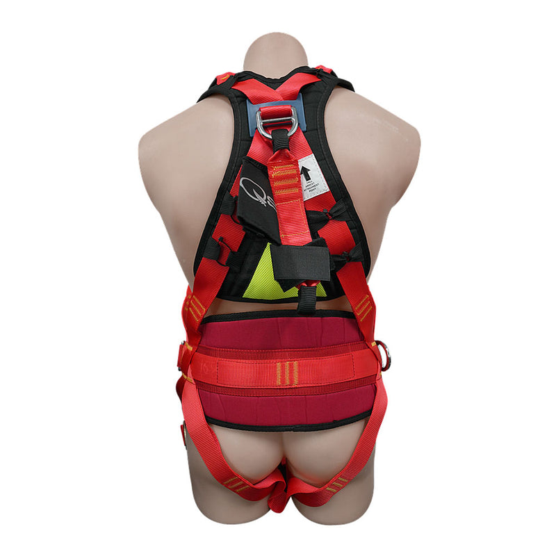 Load image into Gallery viewer, QSI Full Body Painters Harness shown on a mannequin&#39;s rear, highlighting red webbing straps, padded back support, and metal D-rings, designed for fall-arrest with adjustable buckles for secure workplace safety.

