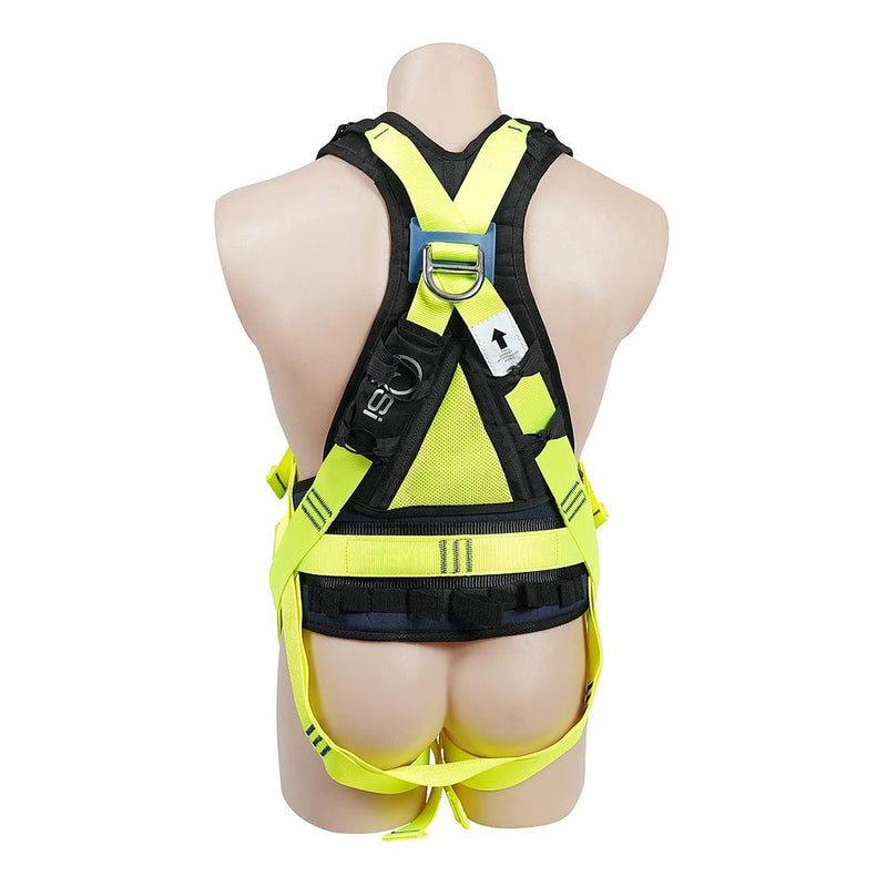 Load image into Gallery viewer, The QSI Full Body Harness showcases a high-visibility design with an X back strap, dorsal D-ring, padded waistbelt, and leg loops, ideal for construction and maintenance safety applications.

