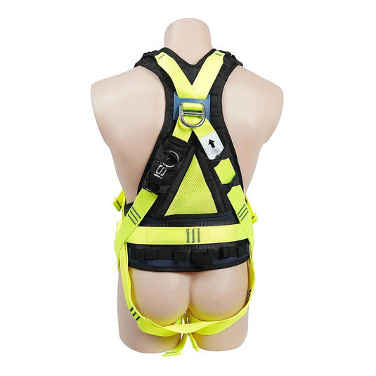 The QSI Full Body Harness showcases a high-visibility design with an X back strap, dorsal D-ring, padded waistbelt, and leg loops, ideal for construction and maintenance safety applications.