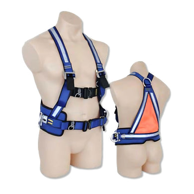QSI Pad Restraint Belt, Dorsal + Side D-Rings, QR Buckles & Fluoro Panel shown on a mannequin. Features blue webbing, chest and waist buckles, and a reflective orange back panel for visibility.