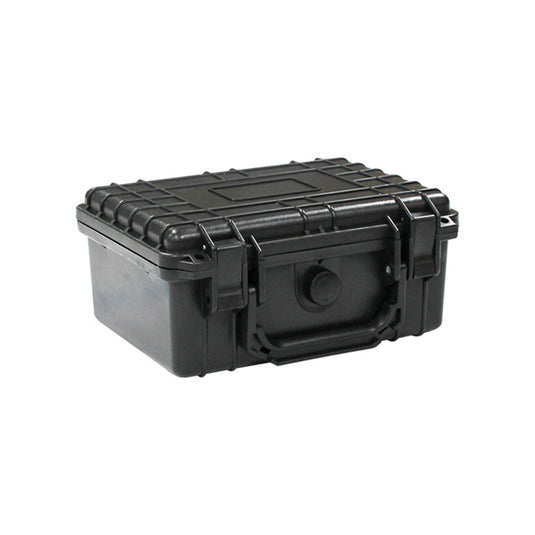 Weatherproof Equipment Case: Black (232x192x111mm) featuring a rugged, impact-resistant exterior with a hinged lid, snap-down latch, ergonomic handle, and pressure relief valve, designed for superior protection of sensitive electronics.