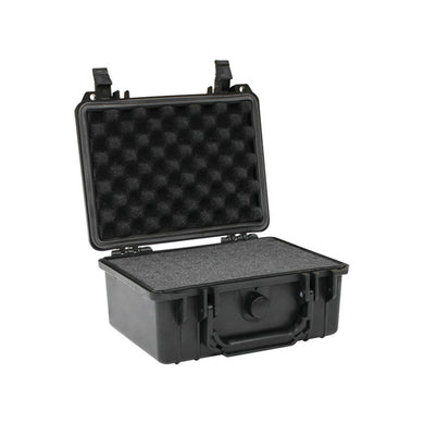 Weatherproof Equipment Case: Black (232x192x111mm) with open lid, showcasing protective egg-crate foam interior for customizable storage. Features padlock holes, pressure relief valve, and impact-resistant design for safe transport of delicate gear.