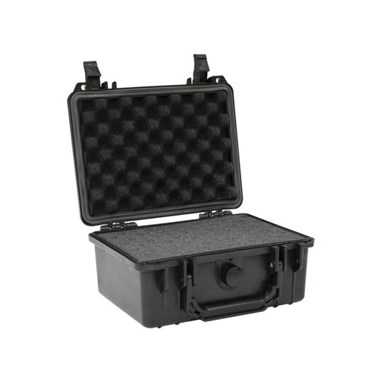 Weatherproof Equipment Case: Black (232x192x111mm) with open lid, showcasing protective egg-crate foam interior for customizable storage. Features padlock holes, pressure relief valve, and impact-resistant design for safe transport of delicate gear.