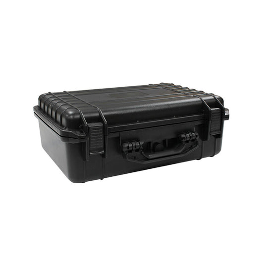 Weatherproof Equipment Case: Black (470x357x176mm) features a robust, impact-resistant shell with ribbed lid, ergonomic handle, and dual latch closures, designed to protect sensitive equipment from dust, moisture, and harsh conditions.