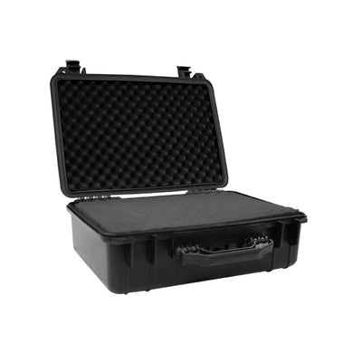 Weatherproof Equipment Case: Black (470x357x176mm) with ergonomic handle, featuring IP65-rated watertight and dustproof protection, impact-resistant shell, and foam inserts for securing valuable equipment. Ideal for harsh conditions.