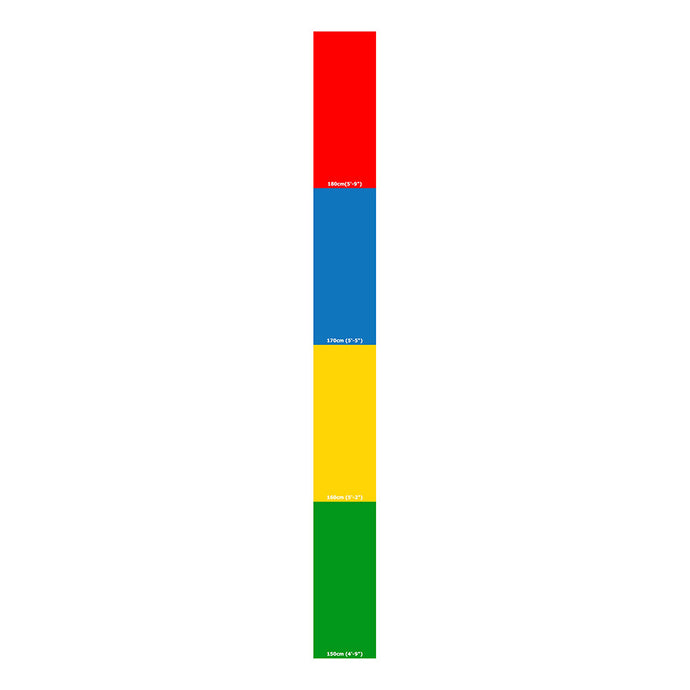 Security Height Indication Sticker - Self Adhesive x 1 Strip features four colored sections marking heights from 150 cm to 180 cm, ideal for doorway placement to measure individuals' heights accurately.
