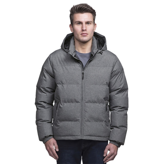 Invert Puffa Jacket, Grey, featuring quilted stitch detailing, padded collar, removable hood, and water-repellent fabric, designed for seamless transition from alpine settings to office environments, ensuring warmth and protection.
