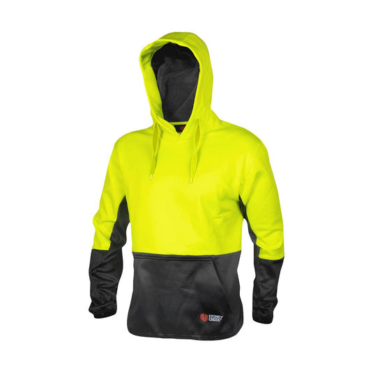 Stoney Creek Trade Hoodie, Yellow/Black: High-visibility pullover hoodie with bright yellow upper and black lower, featuring a kangaroo pouch pocket and Stoney Creek logo, ideal for lightweight, quick-drying workwear.