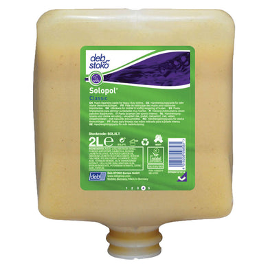 Solopol Classic HD Hand Cleaner Refill: 2L cartridge, designed for heavy-duty hand cleaning. Features a green-and-purple label detailing use, ingredients, and recycling info, compatible with Deb Stoko Cleanse Heavy 2L Dispenser.