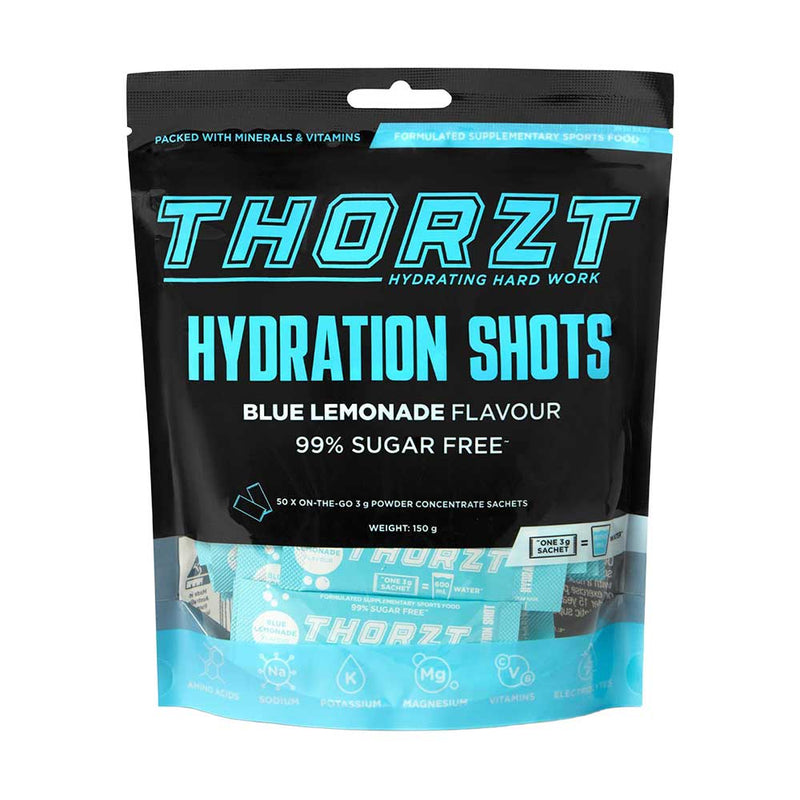 Load image into Gallery viewer, Thorzt Solo Shot Sachet, Blue Lemonade: Pack/50, features a stack of blue lemonade sachets designed for optimal hydration, combining electrolytes and vitamins for enhanced physical and mental performance.
