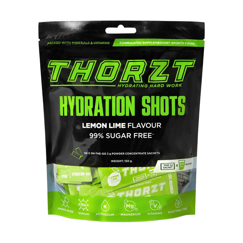 Load image into Gallery viewer, Thorzt Solo Shot Sachet, Lemon/Lime: Pack/50, shown as lemon-lime flavored sugar packets in a black bag, designed to enhance hydration and performance with amino acids and electrolytes.
