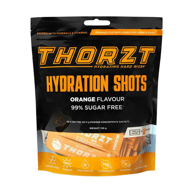 Load image into Gallery viewer, Thorzt Solo Shot Sachet, Orange: Pack/50, featuring a close-up of sugar packets with a visible black and white logo, designed for optimal hydration and enhanced physical and mental performance.
