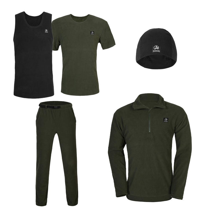 Swanndri Ultimate 5 Piece Fleece Pack prominently displayed, featuring a singlet, tee, 1/2 zip pullover, pants, and beanie, ideal for winter warmth, aligning with Active Safety's focus on protective wear.