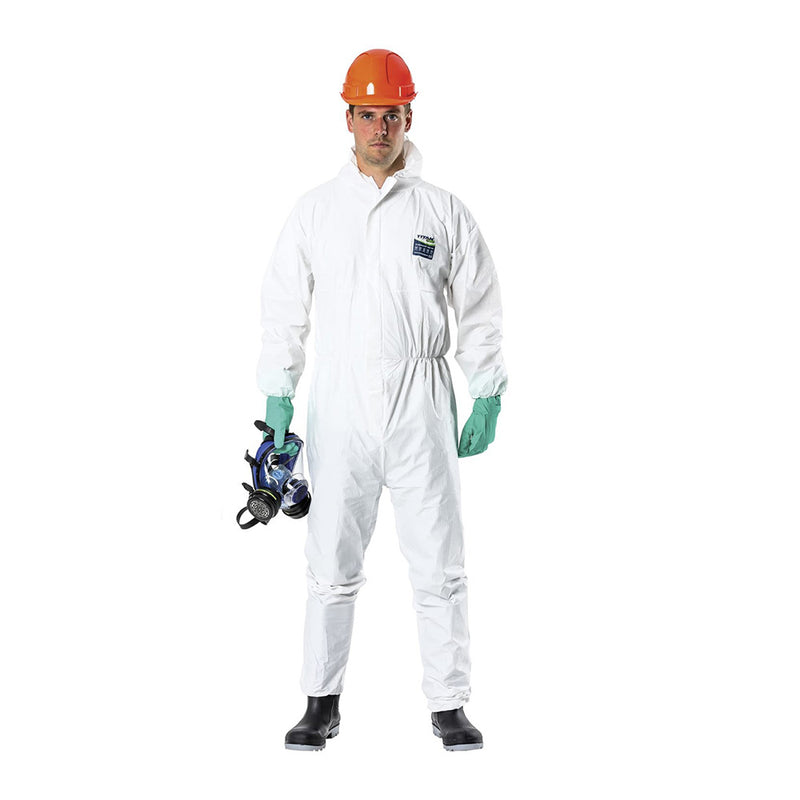 Load image into Gallery viewer, Person in full PPE wearing Titan T380 Type 5/6 Disposable Coveralls, White, with green gloves, orange hard hat, and holding a respirator mask, illustrating comprehensive industrial safety gear from Active Safety.
