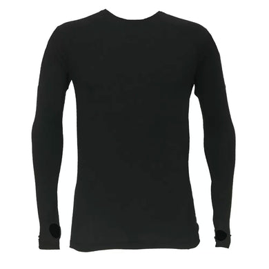 ThermaTech Mens Merino Long Sleeve Base Layer, shown from the back, features a plain black design with long sleeves and thumb-hole cuffs, ideal for natural comfort and movement in outdoor activities.
