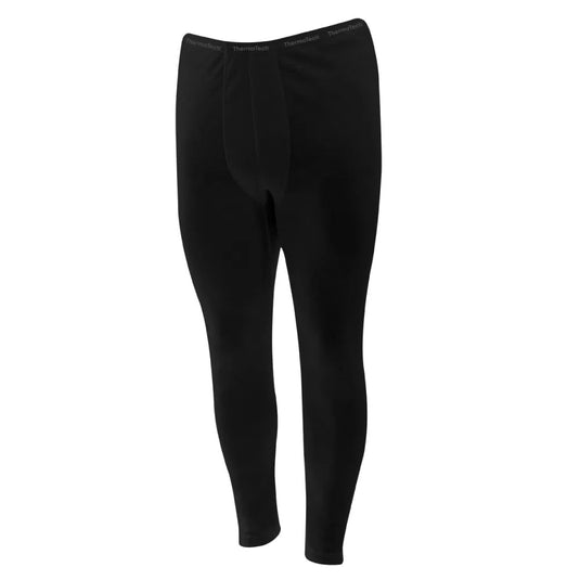 Thermatech Mens Merino Baselayer Leggings, Black, featuring branded waistband. Designed with 95% Merino for natural warmth and odour resistance, ideal for active safety environments. Flat seams ensure comfort and mobility.