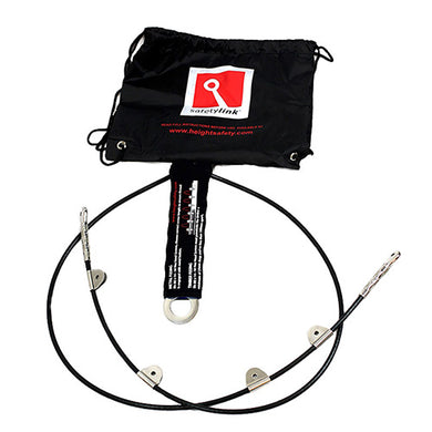TempLink Flexible Anchor, a black, compact roof anchoring device with a strap and cable, designed for temporary installation on metal or tile roofs, ideal for maintenance without permanent anchors.